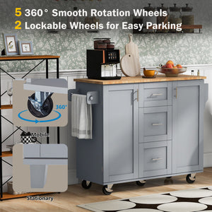 English Elm K&K Rolling Kitchen Island with Rubber Wood Top, 3 Drawers, Slide-Out Shelves & Locking Wheels for Organized Culinary Storage and Mobility Grey-Blue WF316599AAG