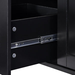 English Elm K&K Rolling Kitchen Island with Rubber Wood Top, 3 Drawers, Slide-Out Shelves & Locking Wheels for Organized Culinary Storage and Mobility Black WF316599AAB