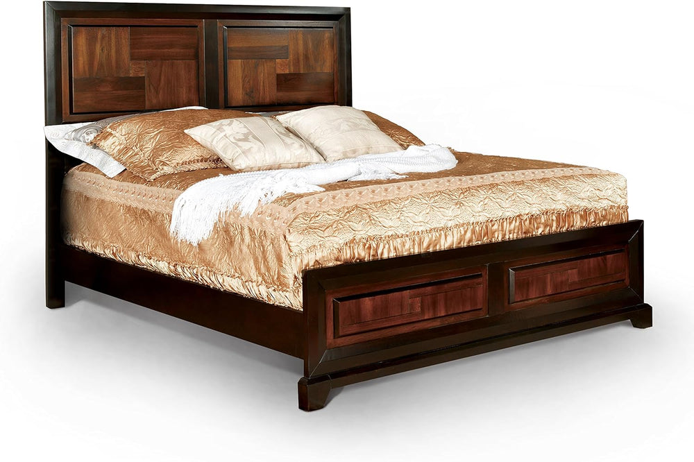 English Elm Transitional Acacia Parquet Queen Bed with Walnut Tone, Solid Wood Frame, Chrome Knob Accents B011S00716