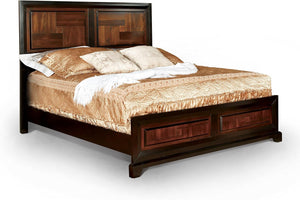 English Elm Transitional Acacia Parquet Queen Bed with Walnut Tone, Solid Wood Frame, Chrome Knob Accents B011S00716