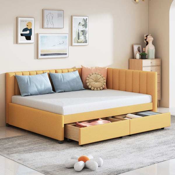 English Elm Full Size Linen Upholstered Daybed with Storage Drawers for Guest Room Studio LP000172AAL