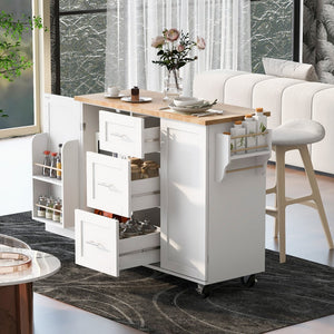 English Elm K&K Rolling Kitchen Island with Rubber Wood Top, 3 Drawers, Slide-Out Shelves & Locking Wheels for Organized Culinary Storage and Mobility White WF316599AAW