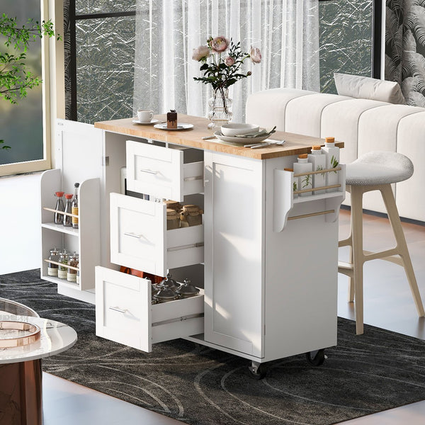 English Elm K&K Rolling Kitchen Island with Rubber Wood Top, 3 Drawers, Slide-Out Shelves & Locking Wheels for Organized Culinary Storage and Mobility White WF316599AAW