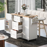 Hearth and Haven K&K Rolling Kitchen Island with Storage, Kitchen Cart with Rubber Wood Top, 3 Drawer, 2 Slide-Out Shelf and Internal Storage Rack, Kitchen Island On Wheels with Spice Rack & Tower Rack WF316599AAW