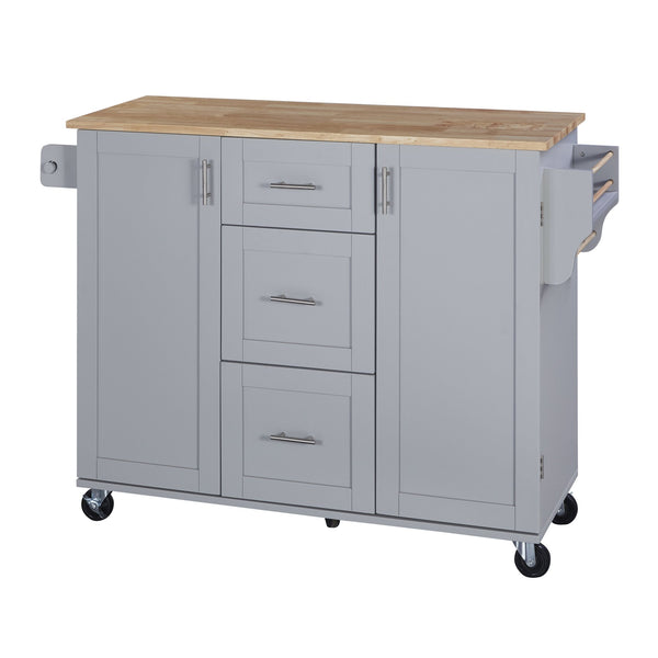 English Elm K&K Rolling Kitchen Island with Rubber Wood Top, 3 Drawers, Slide-Out Shelves & Locking Wheels for Organized Culinary Storage and Mobility Grey-Blue WF316599AAG