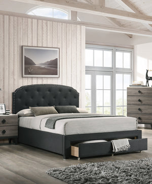 English Elm Charcoal Twin Size Bedframe With Button Tufted Headboard & Underbed Storage – Modern Bedroom Furniture B011S00698