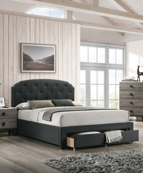 English Elm Charcoal Twin Size Bedframe With Button Tufted Headboard & Underbed Storage – Modern Bedroom Furniture B011S00698