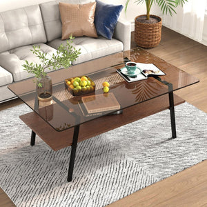 English Elm Rectangle Coffee Table – Modern Brown Tempered Glass With Sturdy Black Metal Legs For Living Rooms W241126036-GIGA