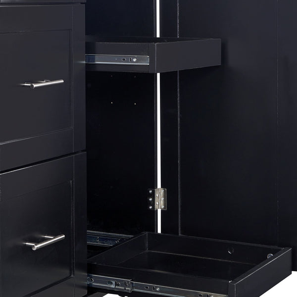 English Elm K&K Rolling Kitchen Island with Rubber Wood Top, 3 Drawers, Slide-Out Shelves & Locking Wheels for Organized Culinary Storage and Mobility Black WF316599AAB