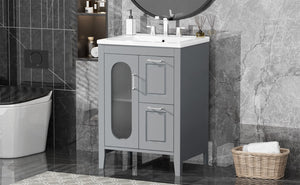 English Elm 24" Bathroom Vanity with Sink Solid Wood & Ceramic Top, Modern Freestanding Cabinet with Drawers Grey N725P351849E