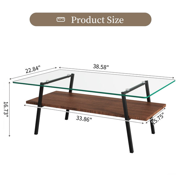 English Elm Rectangle Tempered Glass Coffee Table with Black Iron Legs and Mdf Shelf Modern W241126031