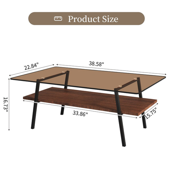 English Elm Rectangle Coffee Table – Modern Brown Tempered Glass With Sturdy Black Metal Legs For Living Rooms W241126036-GIGA