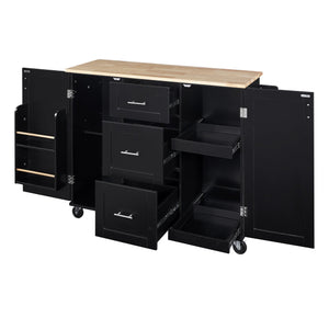 English Elm K&K Rolling Kitchen Island with Rubber Wood Top, 3 Drawers, Slide-Out Shelves & Locking Wheels for Organized Culinary Storage and Mobility Black WF316599AAB