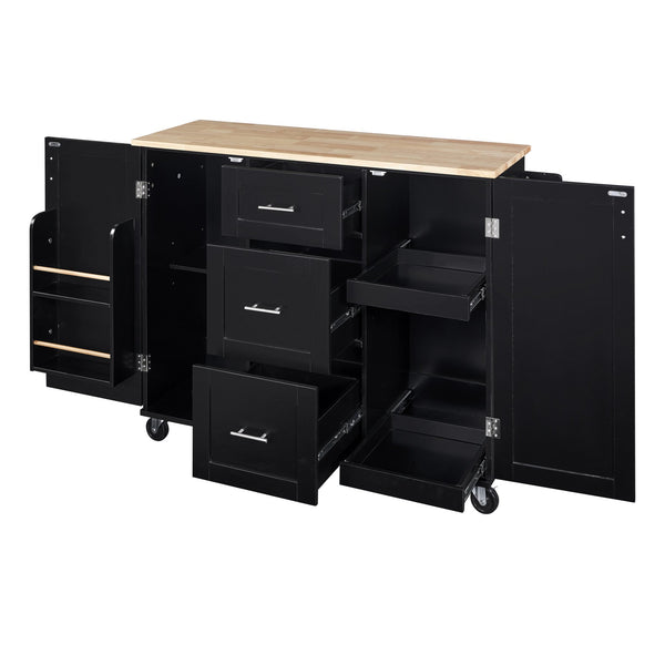 English Elm K&K Rolling Kitchen Island with Rubber Wood Top, 3 Drawers, Slide-Out Shelves & Locking Wheels for Organized Culinary Storage and Mobility Black WF316599AAB