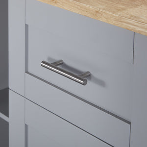 English Elm K&K Rolling Kitchen Island with Rubber Wood Top, 3 Drawers, Slide-Out Shelves & Locking Wheels for Organized Culinary Storage and Mobility Grey-Blue WF316599AAG