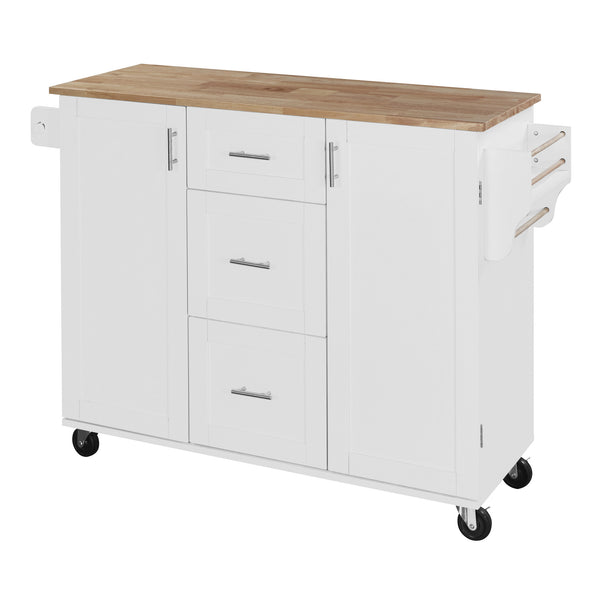 English Elm K&K Rolling Kitchen Island with Rubber Wood Top, 3 Drawers, Slide-Out Shelves & Locking Wheels for Organized Culinary Storage and Mobility White WF316599AAW