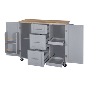 English Elm K&K Rolling Kitchen Island with Rubber Wood Top, 3 Drawers, Slide-Out Shelves & Locking Wheels for Organized Culinary Storage and Mobility Grey-Blue WF316599AAG