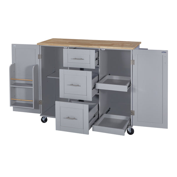 English Elm K&K Rolling Kitchen Island with Rubber Wood Top, 3 Drawers, Slide-Out Shelves & Locking Wheels for Organized Culinary Storage and Mobility Grey-Blue WF316599AAG