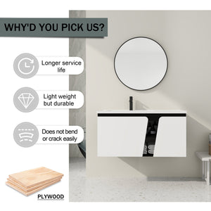 English Elm 40'' 40" Floating Wall-Mounted Bathroom Vanity with Ceramic Sink, Soft-Close Doors, Plywood Reinforced Durability PMID W999S00131