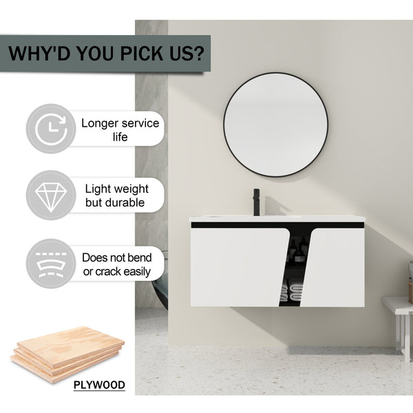 English Elm 40'' 40" Floating Wall-Mounted Bathroom Vanity with Ceramic Sink, Soft-Close Doors, Plywood Reinforced Durability PMID W999S00131