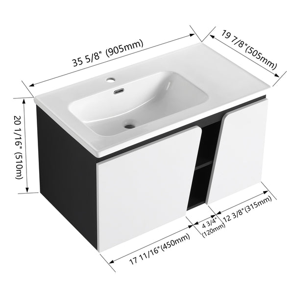 English Elm 36'' Floating Wall-Mounted Vanity with Ceramic Basin, Soft-Close Double Doors, Water-Resistant Ply Finish W999S00130