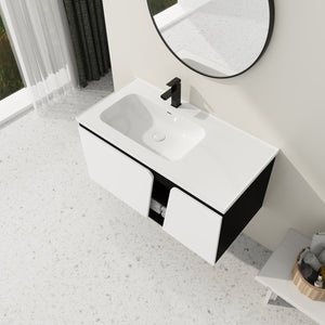 English Elm 40'' 40" Floating Wall-Mounted Bathroom Vanity with Ceramic Sink, Soft-Close Doors, Plywood Reinforced Durability PMID W999S00131