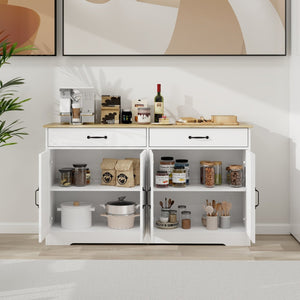 English Elm Farmhouse Buffet Sideboard with 3 Drawers and Doors White Dining Storage Cabinet W282138080