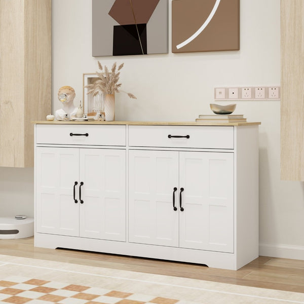 English Elm Farmhouse Buffet Sideboard with 3 Drawers and Doors White Dining Storage Cabinet W282138080