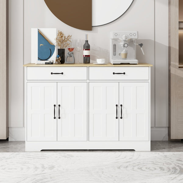 English Elm Farmhouse Buffet Sideboard with 3 Drawers and Doors White Dining Storage Cabinet W282138088
