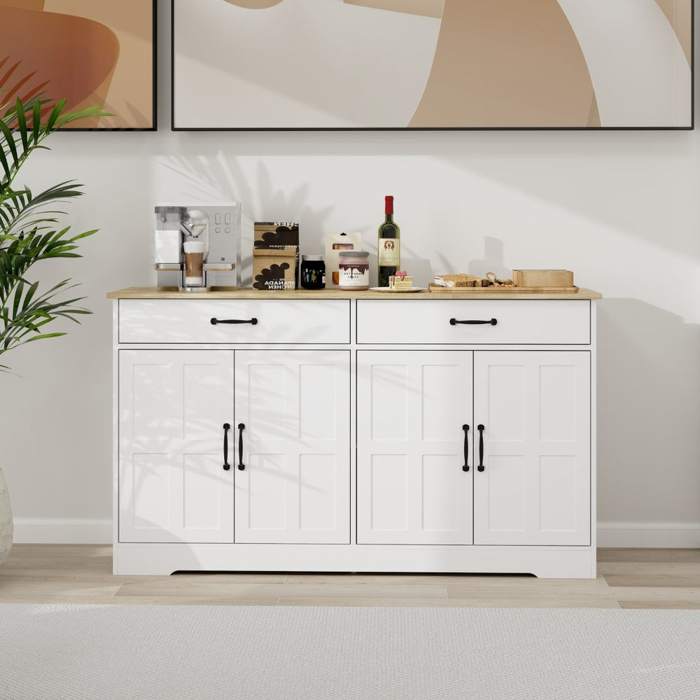 English Elm Farmhouse Buffet Sideboard with 3 Drawers and Doors White Dining Storage Cabinet W282138080