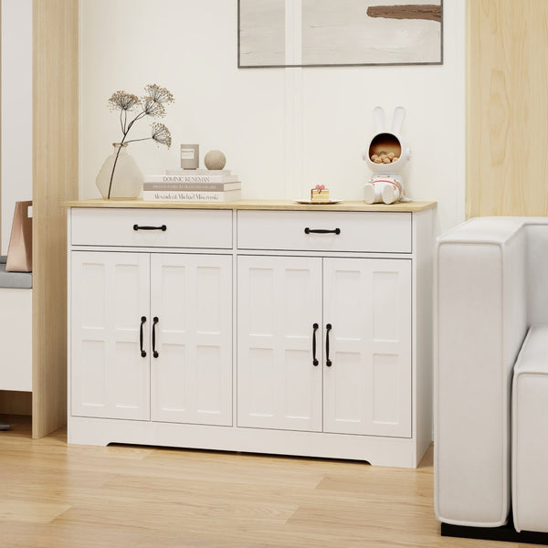 English Elm Farmhouse Buffet Sideboard with 3 Drawers and Doors White Dining Storage Cabinet W282138088