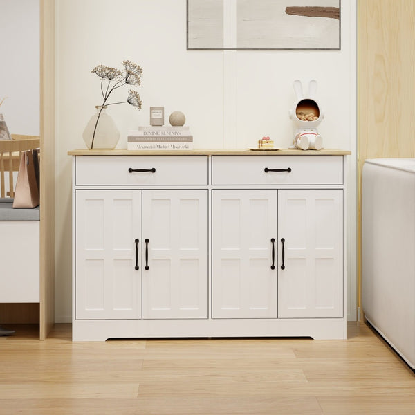 English Elm Farmhouse Buffet Sideboard with 3 Drawers and Doors White Dining Storage Cabinet W282138088