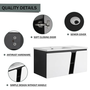 English Elm 40'' 40" Floating Wall-Mounted Bathroom Vanity with Ceramic Sink, Soft-Close Doors, Plywood Reinforced Durability PMID W999S00131