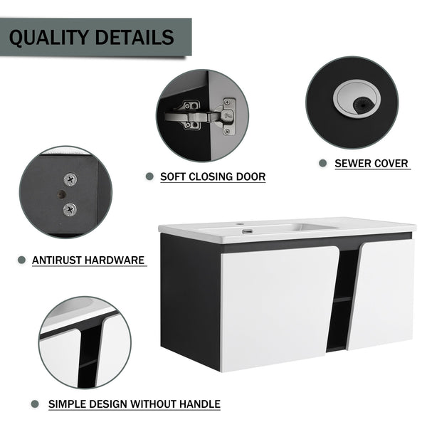 English Elm 40'' 40" Floating Wall-Mounted Bathroom Vanity with Ceramic Sink, Soft-Close Doors, Plywood Reinforced Durability PMID W999S00131