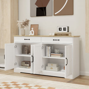 English Elm Farmhouse Buffet Sideboard with 3 Drawers and Doors White Dining Storage Cabinet W282138080