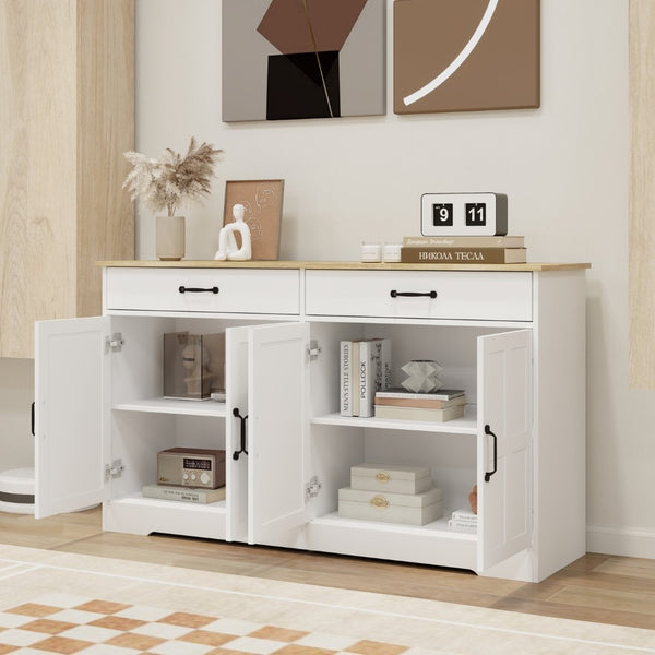 English Elm Farmhouse Buffet Sideboard with 3 Drawers and Doors White Dining Storage Cabinet W282138080