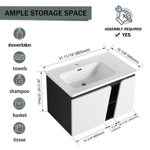 English Elm 32' 32" Floating Wall-Mounted Vanity with Ceramic Sink, Soft-Close Double Doors, Water-Resistant Ply W999S00129