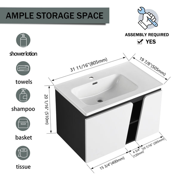 English Elm 32' 32" Floating Wall-Mounted Vanity with Ceramic Sink, Soft-Close Double Doors, Water-Resistant Ply W999S00129