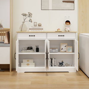 English Elm Farmhouse Buffet Sideboard with 3 Drawers and Doors White Dining Storage Cabinet W282138088