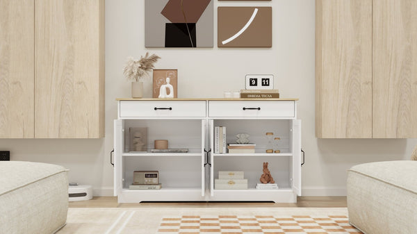 English Elm Farmhouse Buffet Sideboard with 3 Drawers and Doors White Dining Storage Cabinet W282138080
