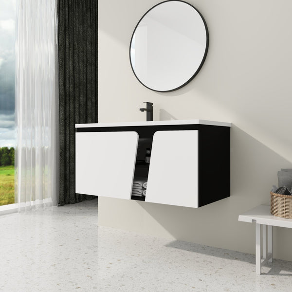 English Elm 40'' 40" Floating Wall-Mounted Bathroom Vanity with Ceramic Sink, Soft-Close Doors, Plywood Reinforced Durability PMID W999S00131