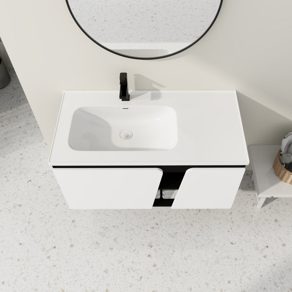 English Elm 40'' 40" Floating Wall-Mounted Bathroom Vanity with Ceramic Sink, Soft-Close Doors, Plywood Reinforced Durability PMID W999S00131