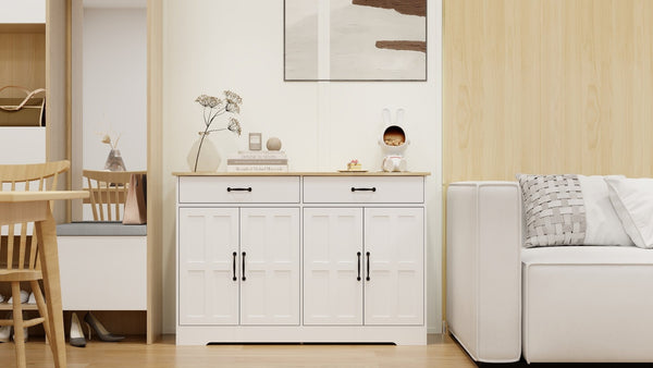 English Elm Farmhouse Buffet Sideboard with 3 Drawers and Doors White Dining Storage Cabinet W282138088