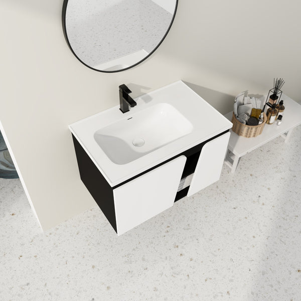 English Elm 32' 32" Floating Wall-Mounted Vanity with Ceramic Sink, Soft-Close Double Doors, Water-Resistant Ply W999S00129