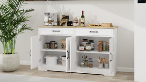 English Elm Farmhouse Buffet Sideboard with 3 Drawers and Doors White Dining Storage Cabinet W282138080