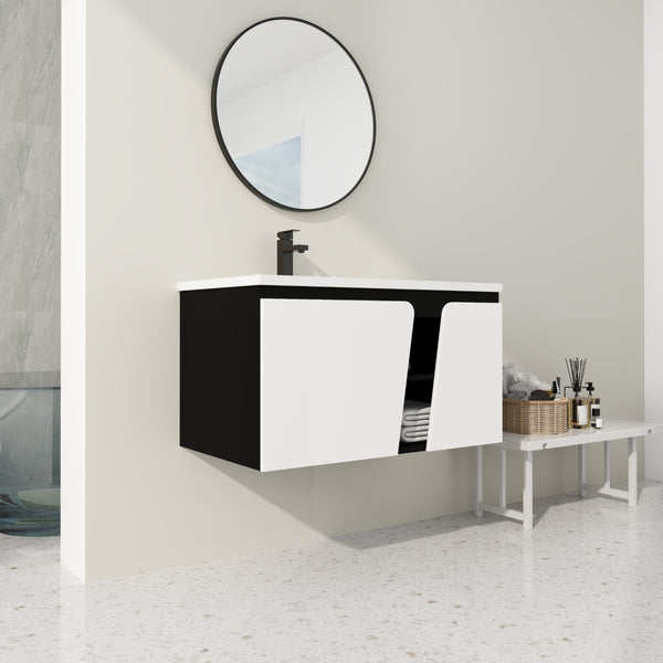 English Elm 36'' Floating Wall-Mounted Vanity with Ceramic Basin, Soft-Close Double Doors, Water-Resistant Ply Finish W999S00130