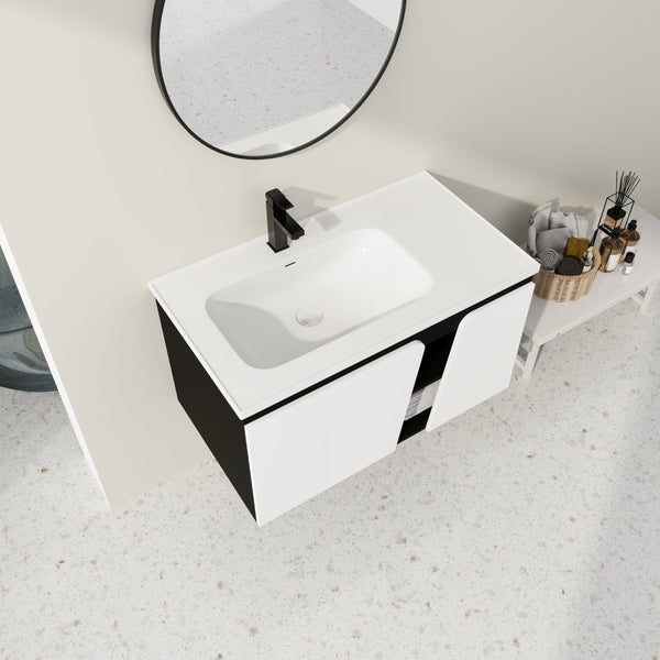 English Elm 36'' Floating Wall-Mounted Vanity with Ceramic Basin, Soft-Close Double Doors, Water-Resistant Ply Finish W999S00130