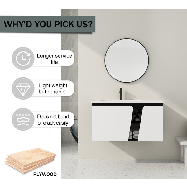 English Elm 36'' Floating Wall-Mounted Vanity with Ceramic Basin, Soft-Close Double Doors, Water-Resistant Ply Finish W999S00130
