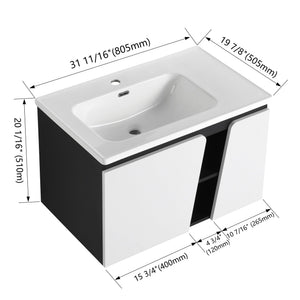 English Elm 32' 32" Floating Wall-Mounted Vanity with Ceramic Sink, Soft-Close Double Doors, Water-Resistant Ply W999S00129