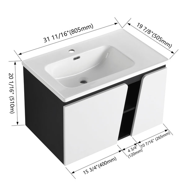 English Elm 32' 32" Floating Wall-Mounted Vanity with Ceramic Sink, Soft-Close Double Doors, Water-Resistant Ply W999S00129